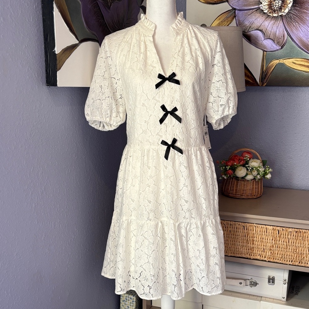 CeCe Ivory Lace Mini Dress with Black Accents